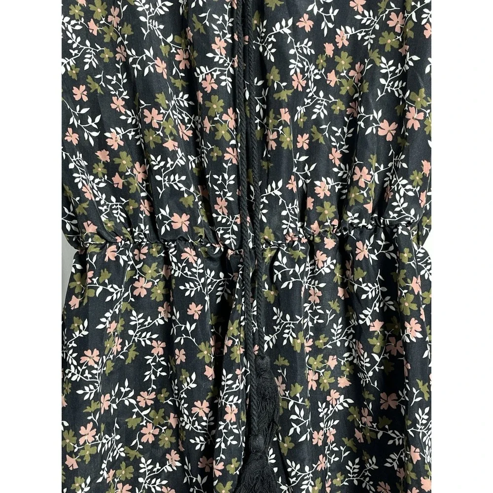 Charlotte Russe Sz Sm Black Pink Floral Long Sleeve‎ Romper Tie Front Light Boho